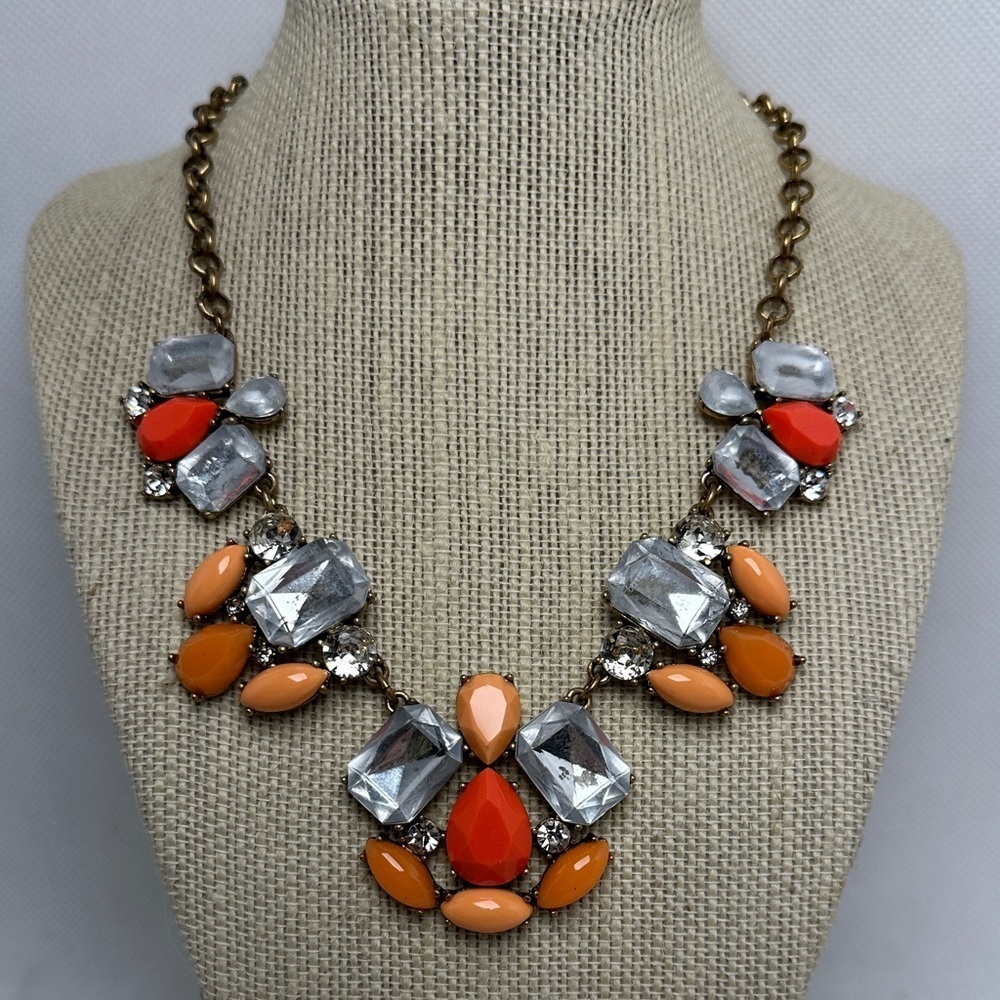 J.Crew Orange and Silver Gemstone Statement Necklace – 19” Long